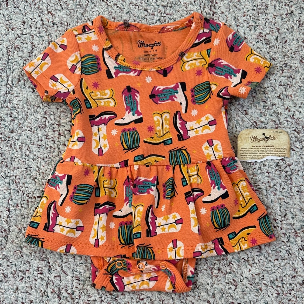 Wrangler Orange Baby Peplum Bodysuit with Western Boot Print